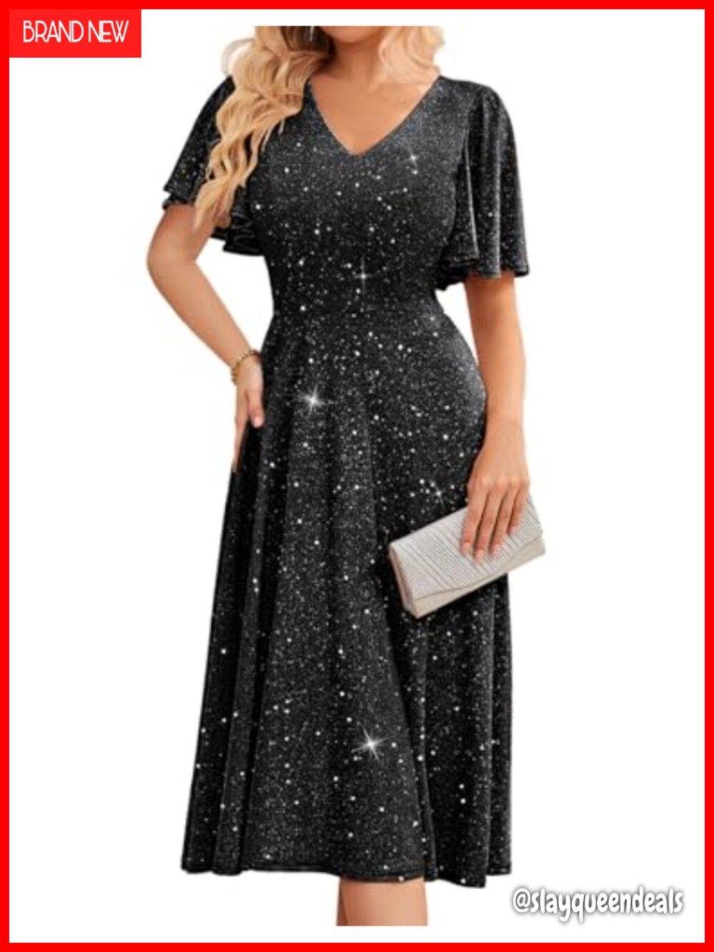 Sequin Sparkly Tea Length A-Line Wedding Guest Dress with Short Sleeves for